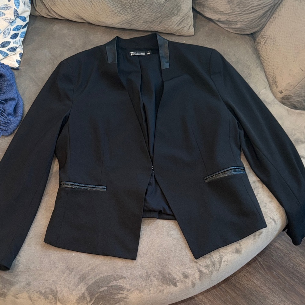 7th AVE Black Women's Tailored Blazer with Faux Leather Trim